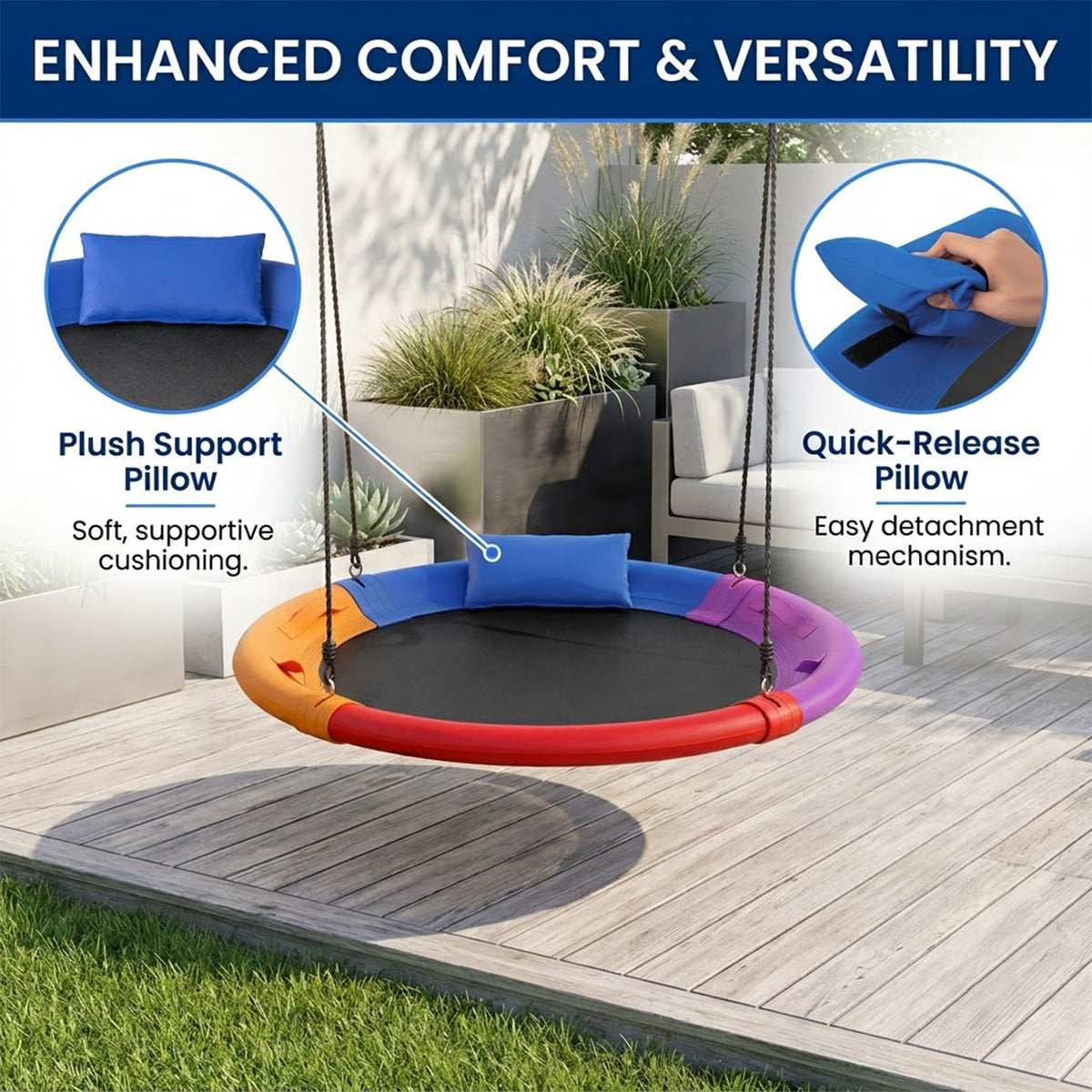 120cm Outdoor Saucer Swing with Headrest Adjustable Straps Kids Tree Swing