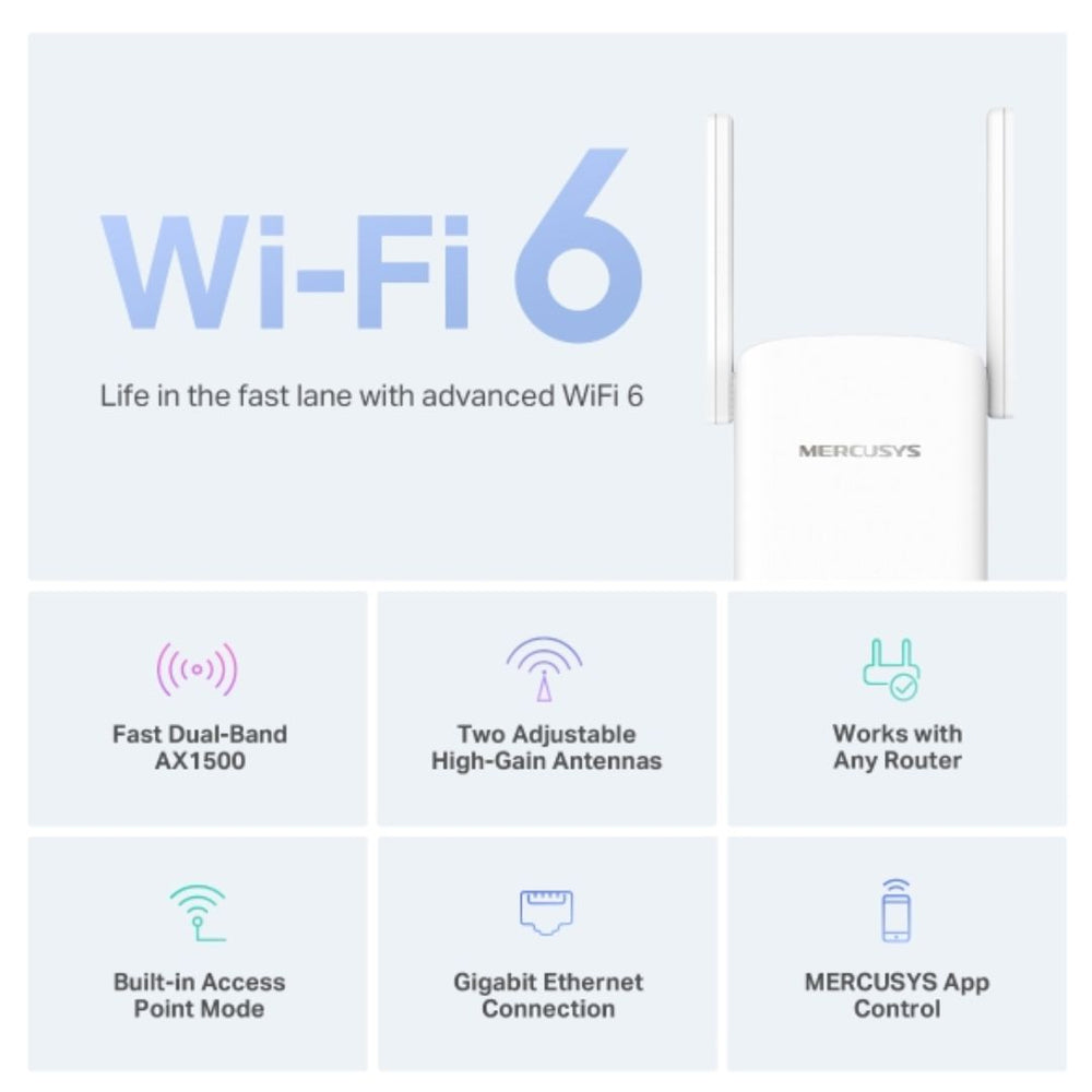 Mercusys ME60X AX1500 Wi-Fi 6 Range Extender Dual Band 1500Mbps 1201Mbps 5GHz 300Mbps 2.4GHz Gigabit Port WPS Setup