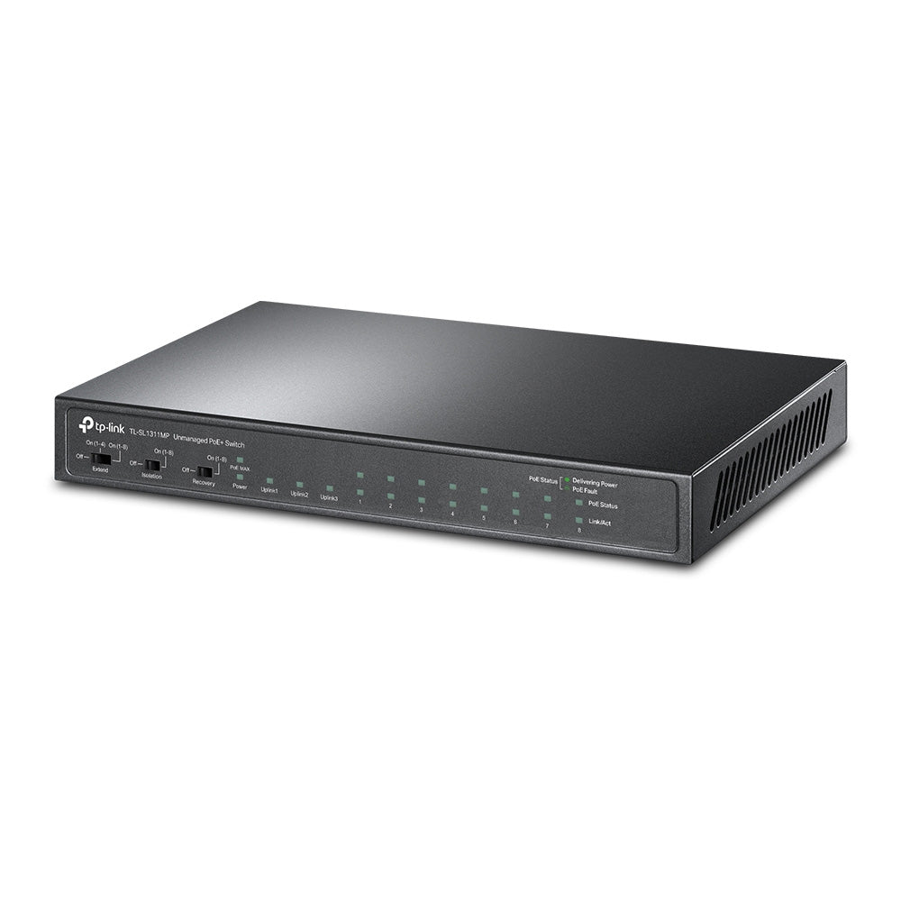 TP-Link TL-SL1311MP 11-Port PoE+ Desktop Switch 8 PoE Ports 124W 250m Extend Mode Isolation Fanless