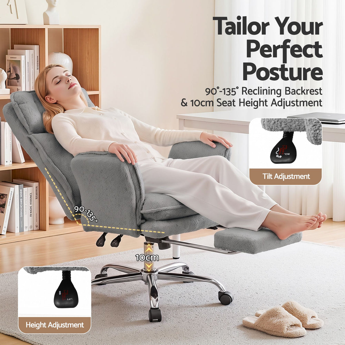 Artiss Big & Tall Criss Cross Office Chair Flip Armrests Foot Rest Teddy Grey