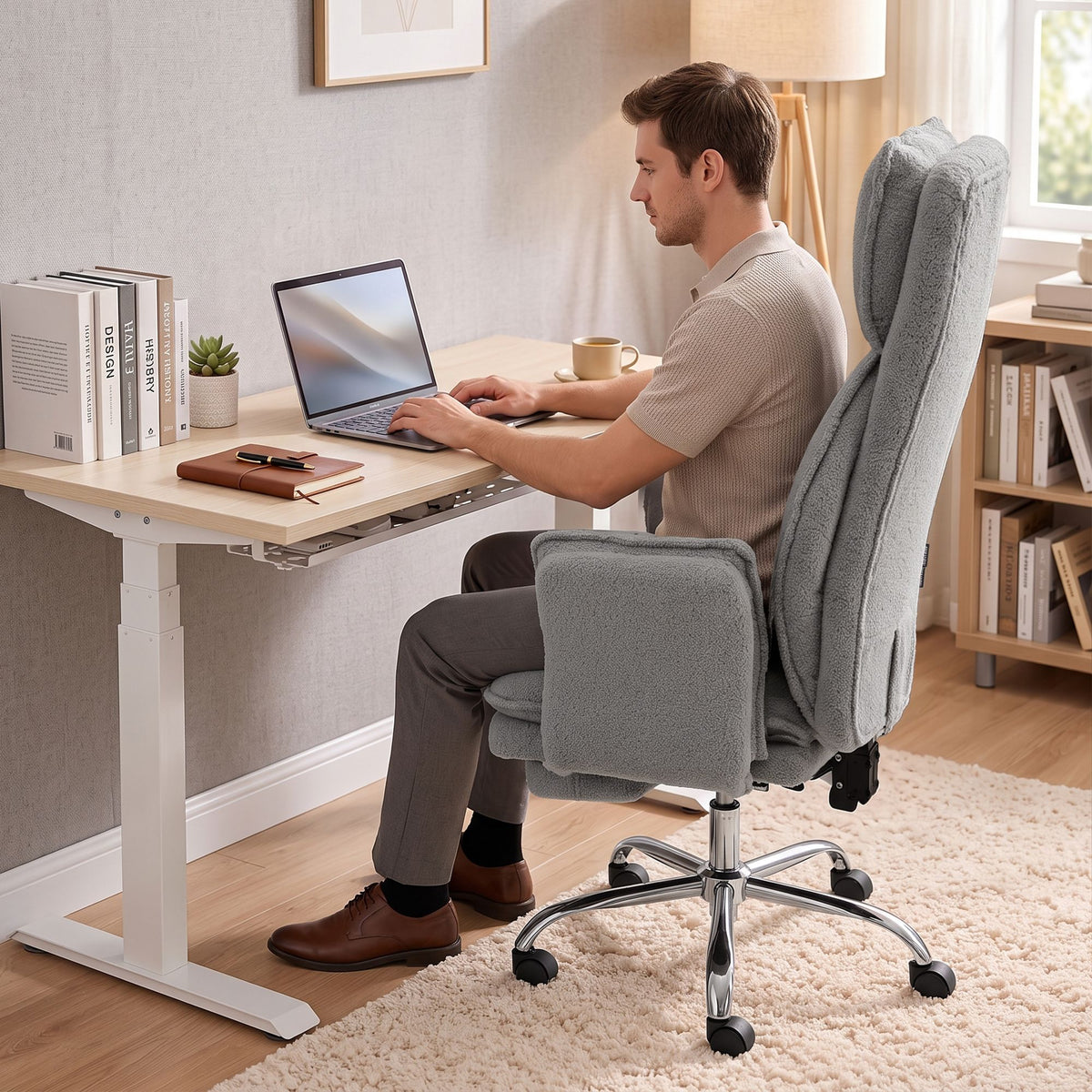 Artiss Big & Tall Criss Cross Office Chair Flip Armrests Foot Rest Teddy Grey