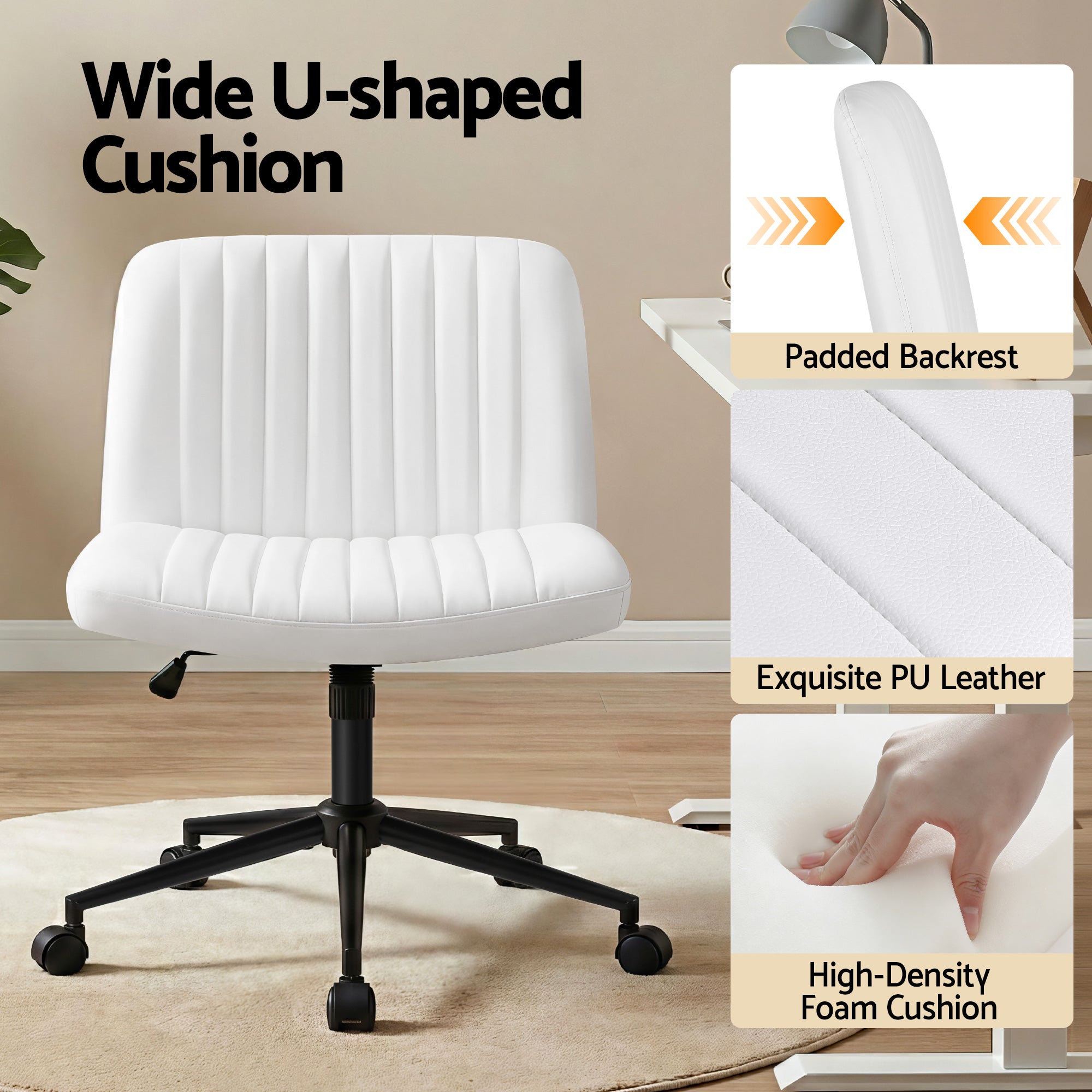 Artiss Criss Cross Chair with Wheels Wide Cross Legged Office Desk Chair PU Leather White
