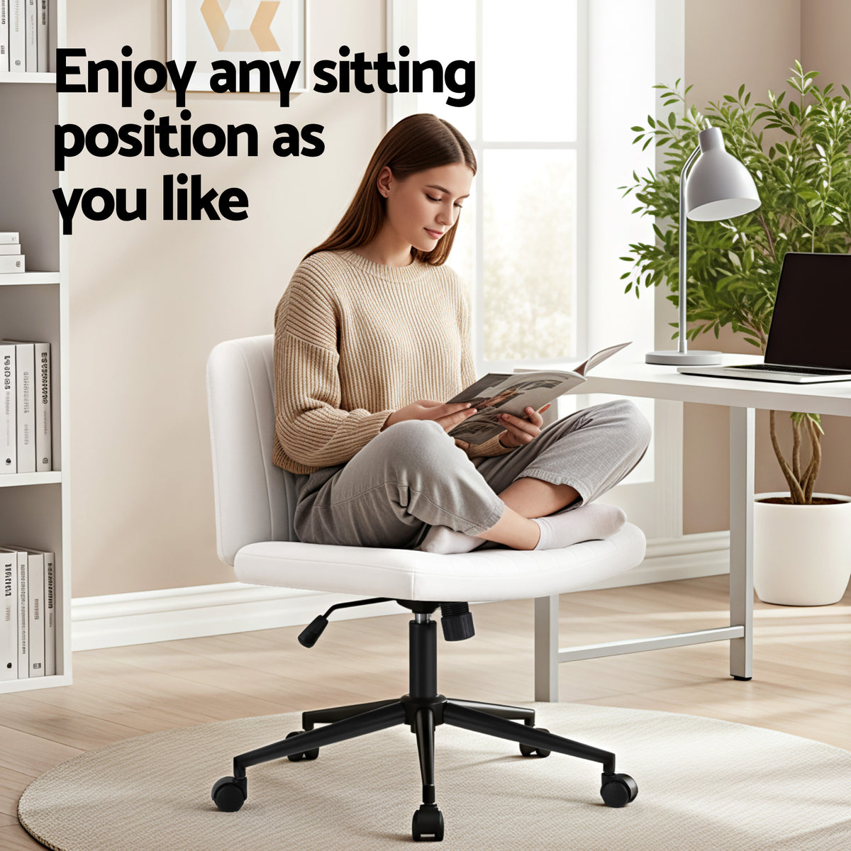 Artiss Criss Cross Chair with Wheels Wide Cross Legged Office Desk Chair PU Leather White