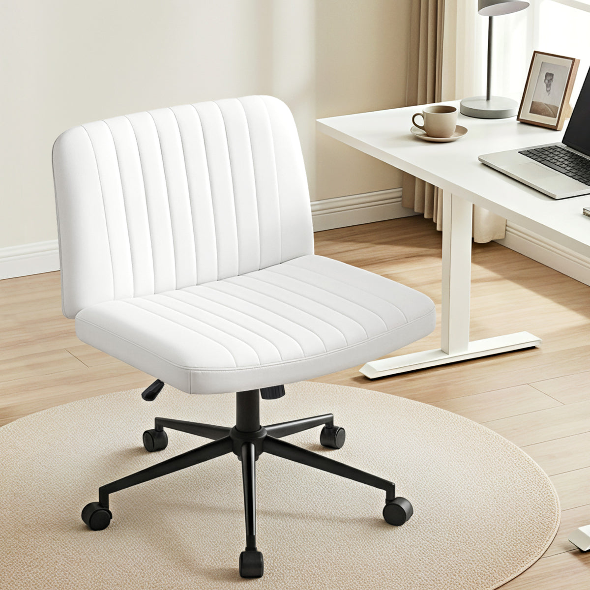 Artiss Criss Cross Chair with Wheels Wide Cross Legged Office Desk Chair PU Leather White