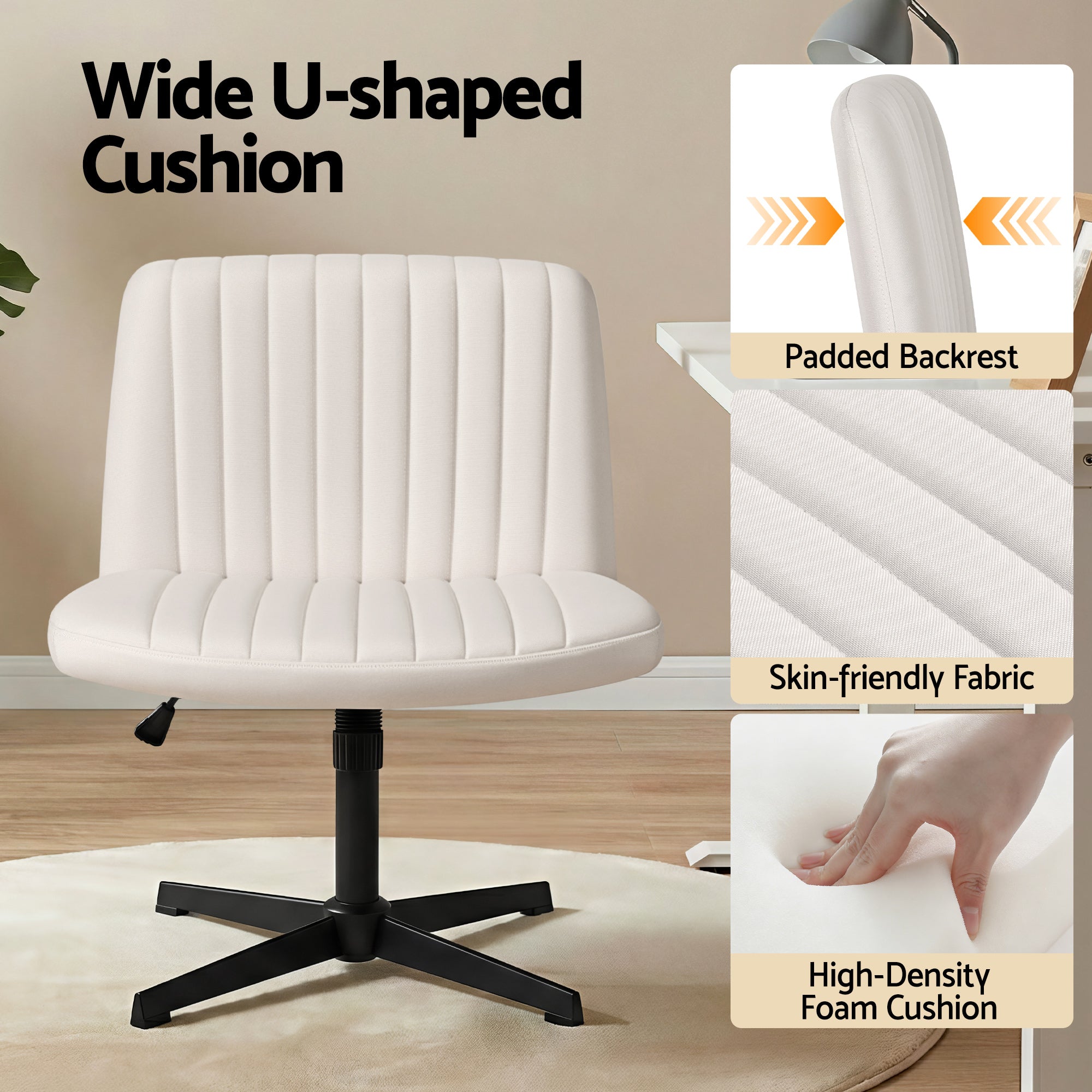 Artiss Criss Cross Chair No Wheels Fabric Wide Cross Legged Office Desk Chair Armless Beige