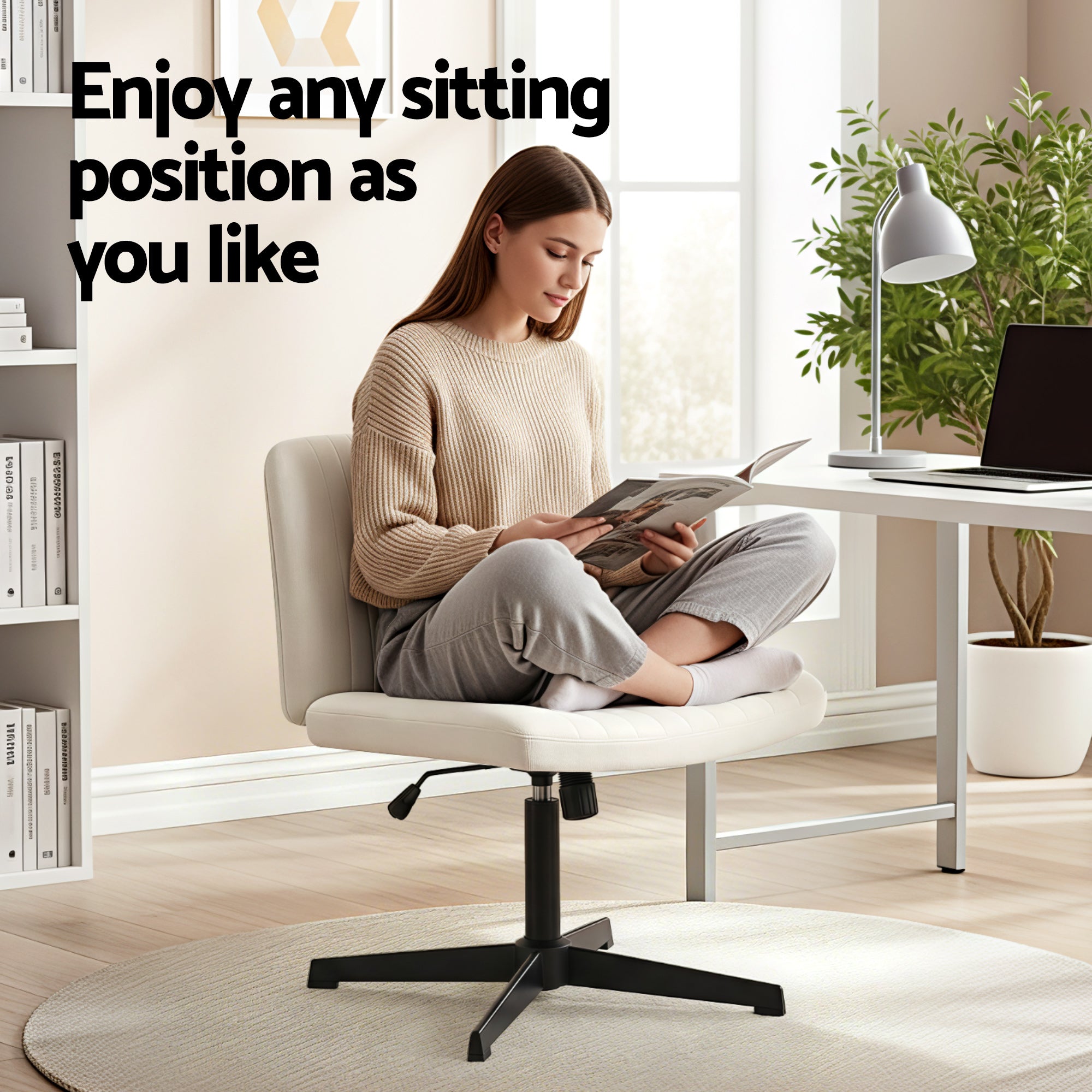 Artiss Criss Cross Chair No Wheels Fabric Wide Cross Legged Office Desk Chair Armless Beige