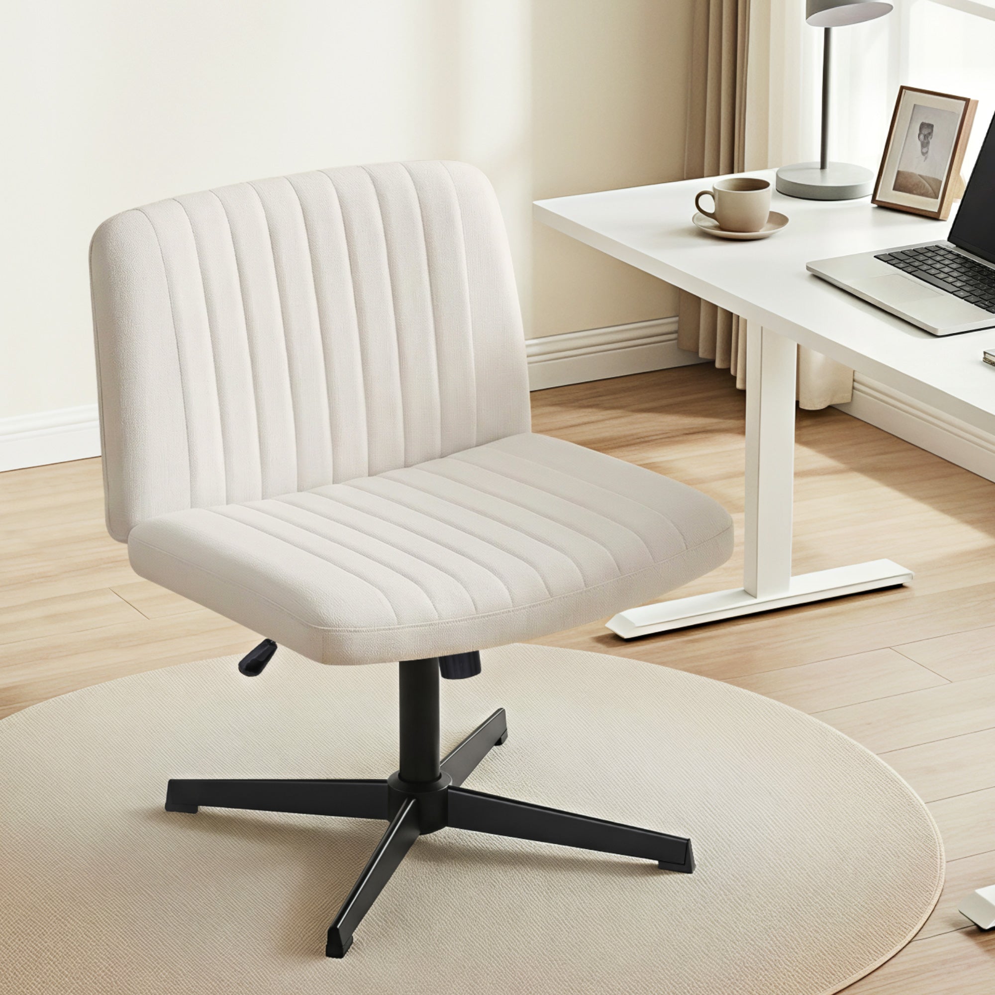 Artiss Criss Cross Chair No Wheels Fabric Wide Cross Legged Office Desk Chair Armless Beige
