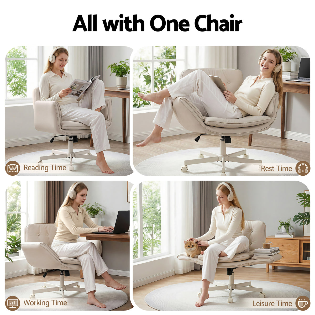 Artiss Criss Cross Chair with Wheels & Adjustable Armrests Office Desk Chair PU Leather Chair Swivel Beige