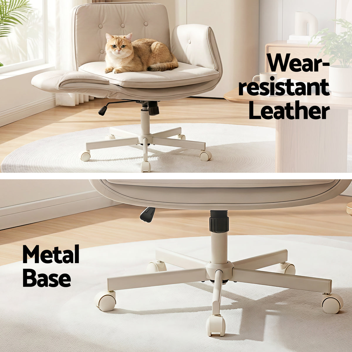 Artiss Criss Cross Chair with Wheels & Adjustable Armrests Office Desk Chair PU Leather Chair Swivel Beige