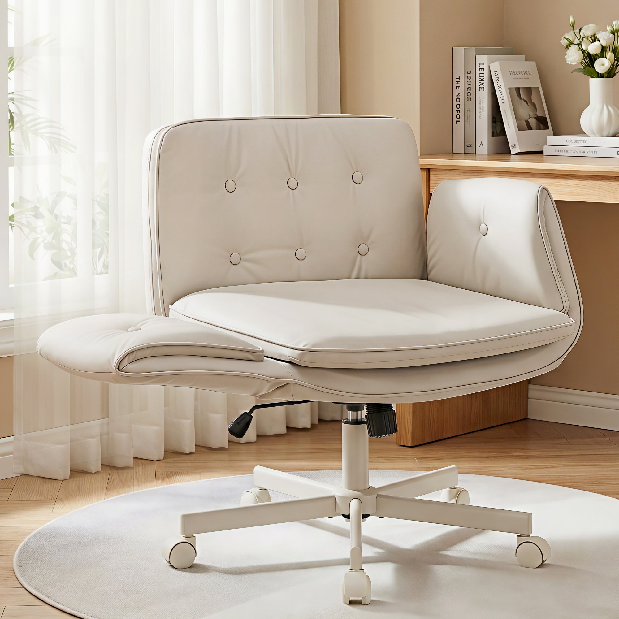 Artiss Criss Cross Chair with Wheels & Adjustable Armrests Office Desk Chair PU Leather Chair Swivel Beige