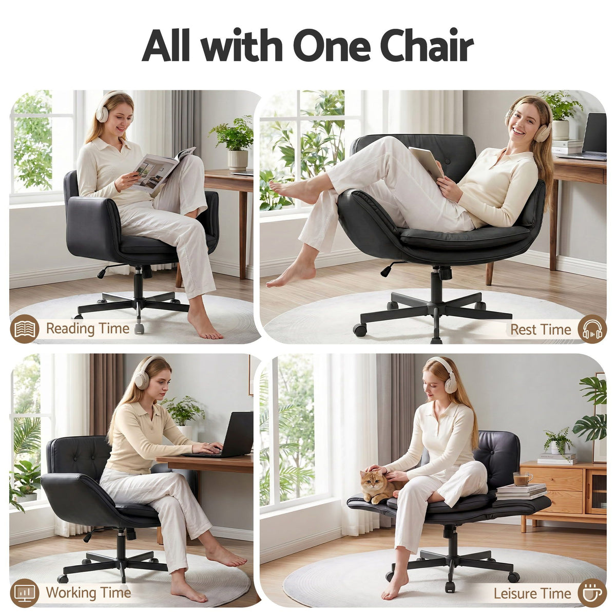 Artiss Criss Cross Chair with Wheels & Adjustable Armrests, Ergonomic Cross Legged Office Desk Chair PU Leather Vanity Chair Swivel