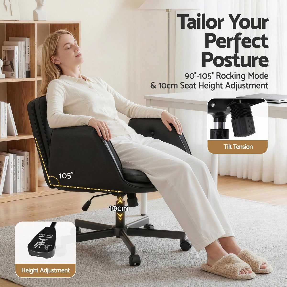 Artiss Criss Cross Chair with Wheels & Adjustable Armrests, Ergonomic Cross Legged Office Desk Chair PU Leather Vanity Chair Swivel