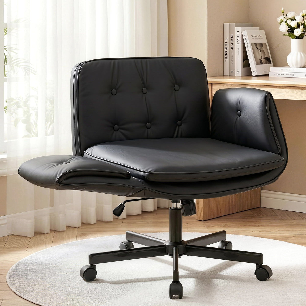 Artiss Criss Cross Chair with Wheels & Adjustable Armrests, Ergonomic Cross Legged Office Desk Chair PU Leather Vanity Chair Swivel