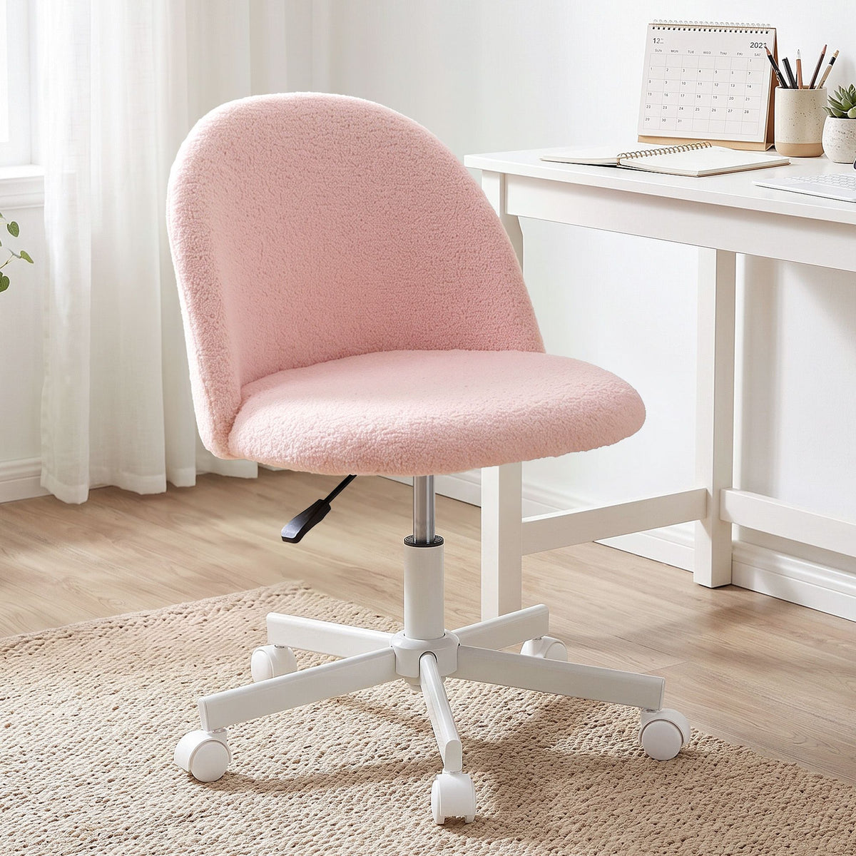 Artiss Office Chair Armless Swivel Vanity Desk Chair Wheels Teddy Fleece Pink