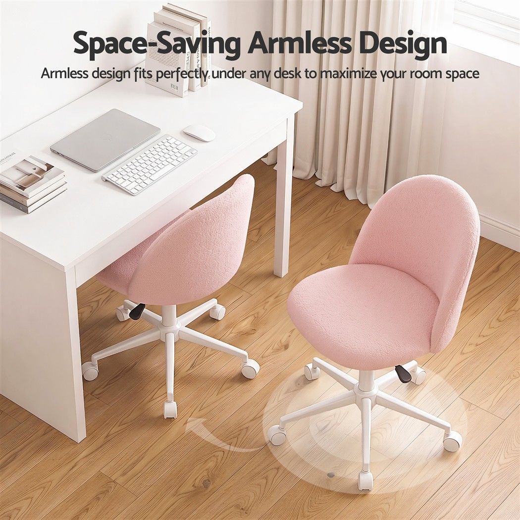 Artiss Office Chair Armless Swivel Vanity Desk Chair Wheels Teddy Fleece Pink