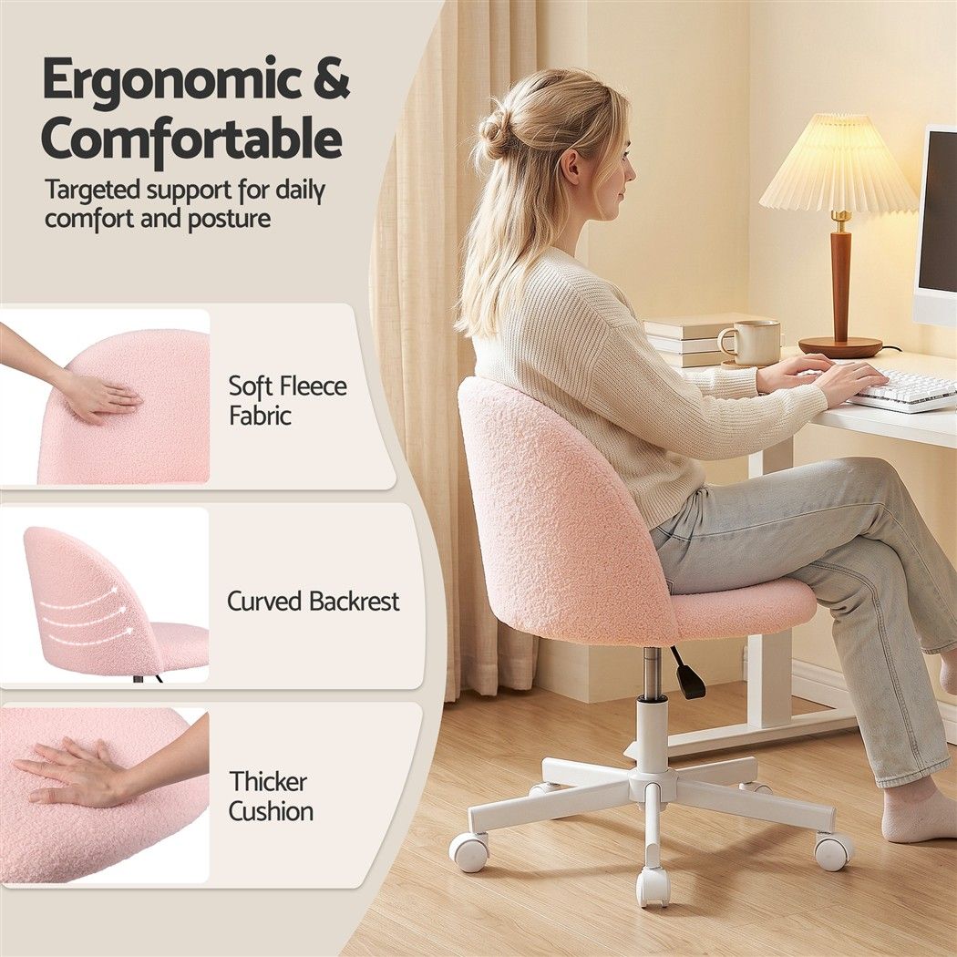 Artiss Office Chair Armless Swivel Vanity Desk Chair Wheels Teddy Fleece Pink