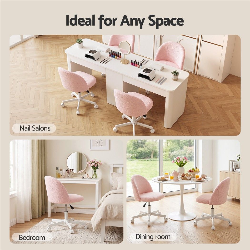Artiss Office Chair Armless Swivel Vanity Desk Chair Wheels Teddy Fleece Pink