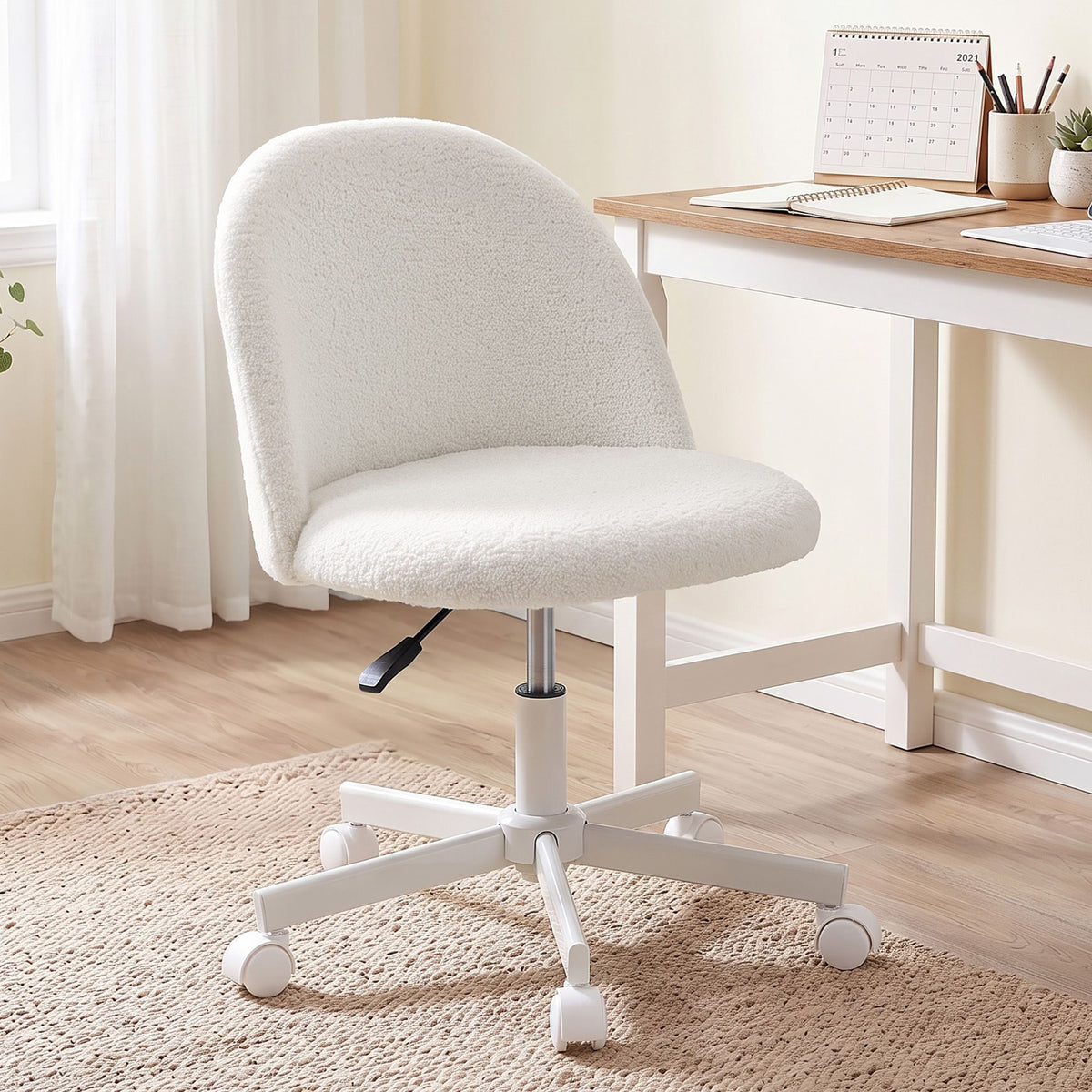 Artiss Office Chair Armless Swivel Vanity Desk Chair Wheels Teddy Fleece White