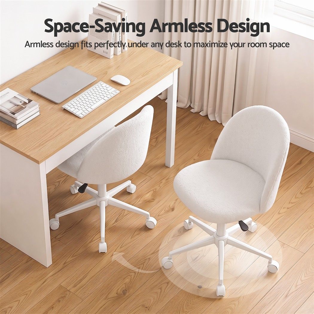 Artiss Office Chair Armless Swivel Vanity Desk Chair Wheels Teddy Fleece White