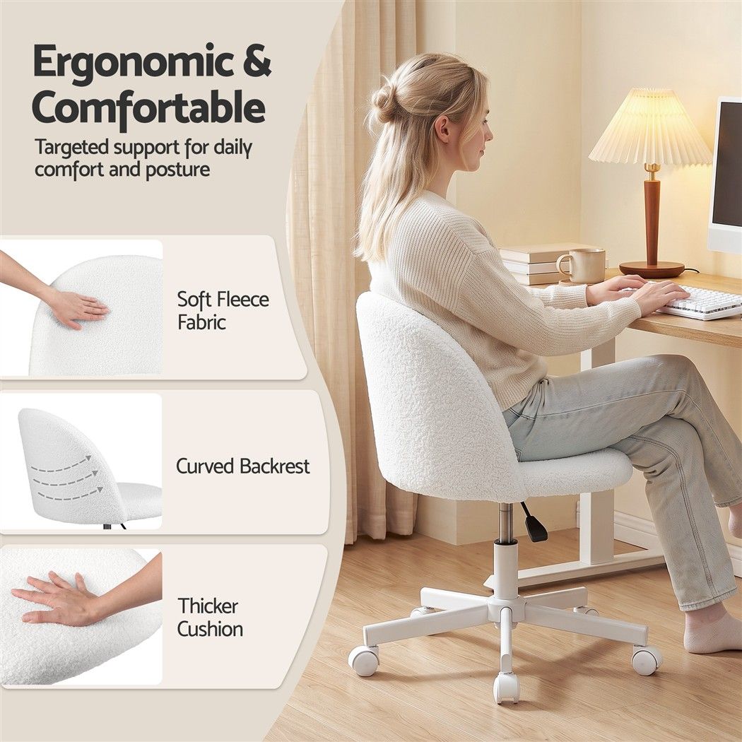 Artiss Office Chair Armless Swivel Vanity Desk Chair Wheels Teddy Fleece White