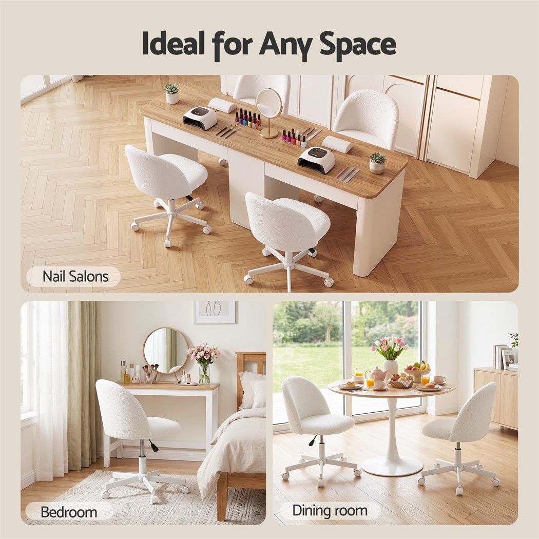 Artiss Office Chair Armless Swivel Vanity Desk Chair Wheels Teddy Fleece White