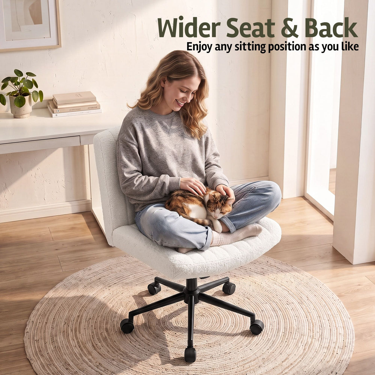 Artiss Armless Cross Legged Office Chair Wide Seat Vanity Chair Teddy Beige