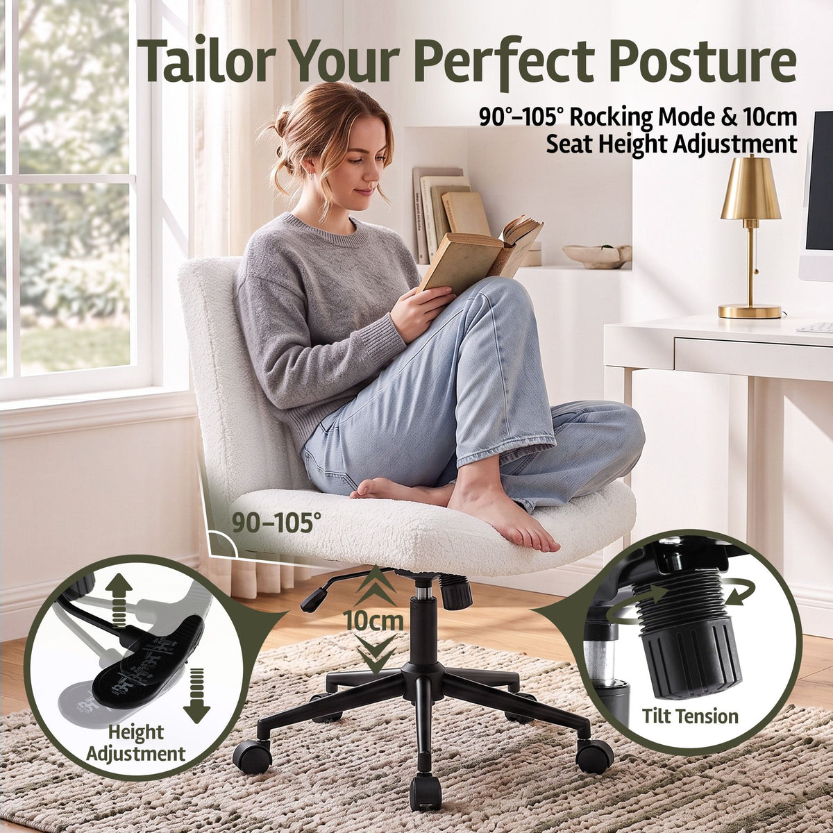 Artiss Armless Cross Legged Office Chair Wide Seat Vanity Chair Teddy Beige