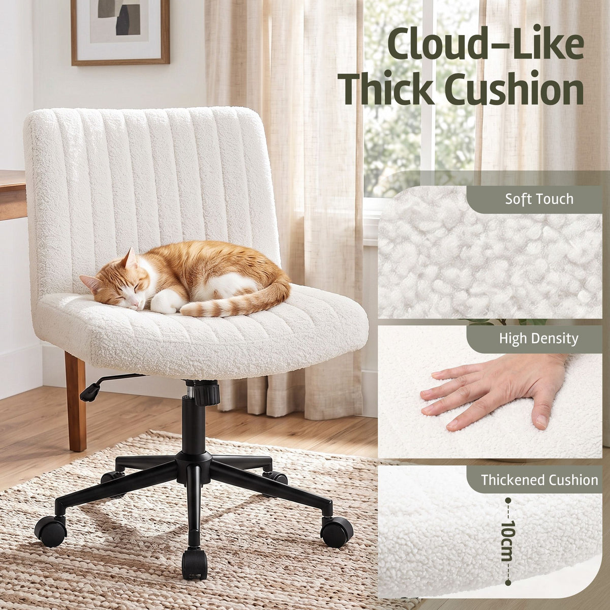 Artiss Armless Cross Legged Office Chair Wide Seat Vanity Chair Teddy Beige