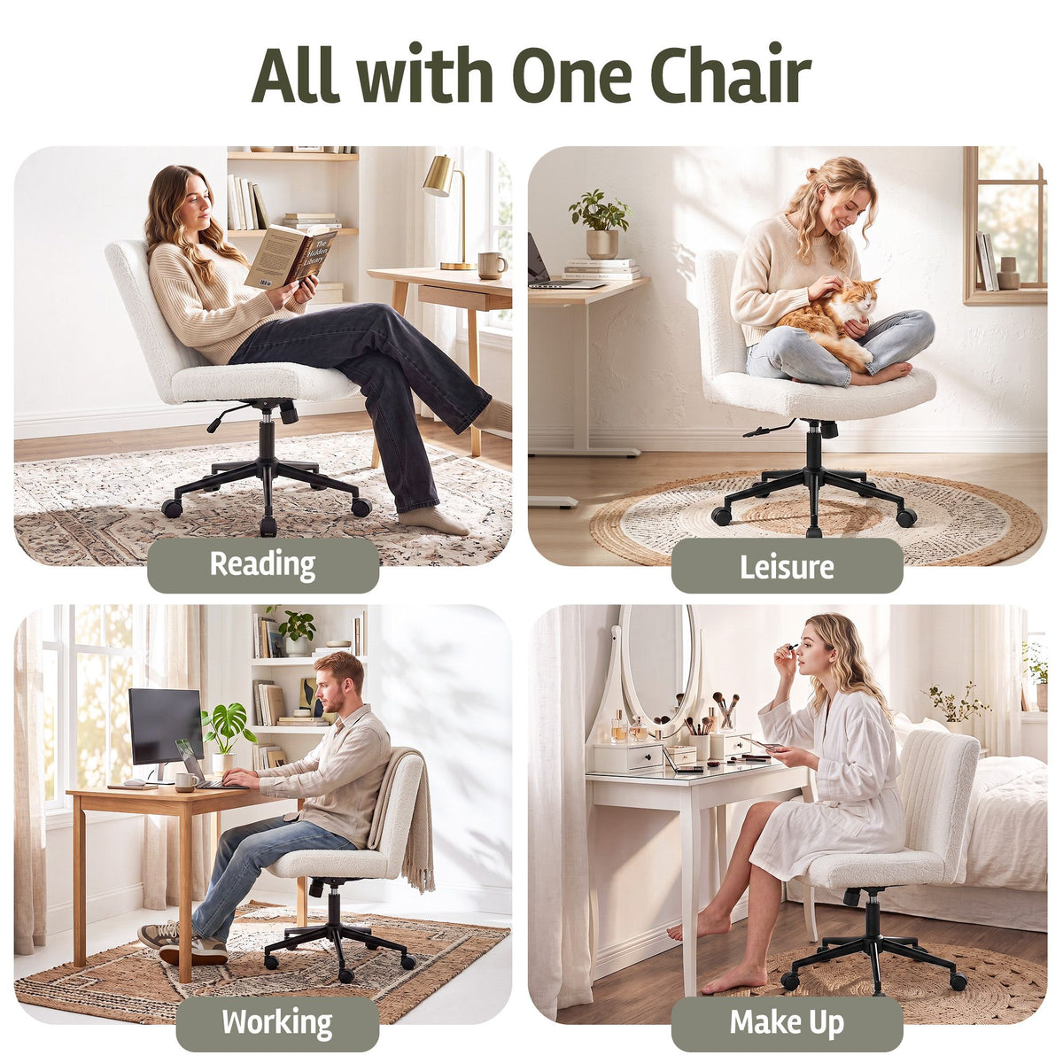 Artiss Armless Cross Legged Office Chair Wide Seat Vanity Chair Teddy Beige