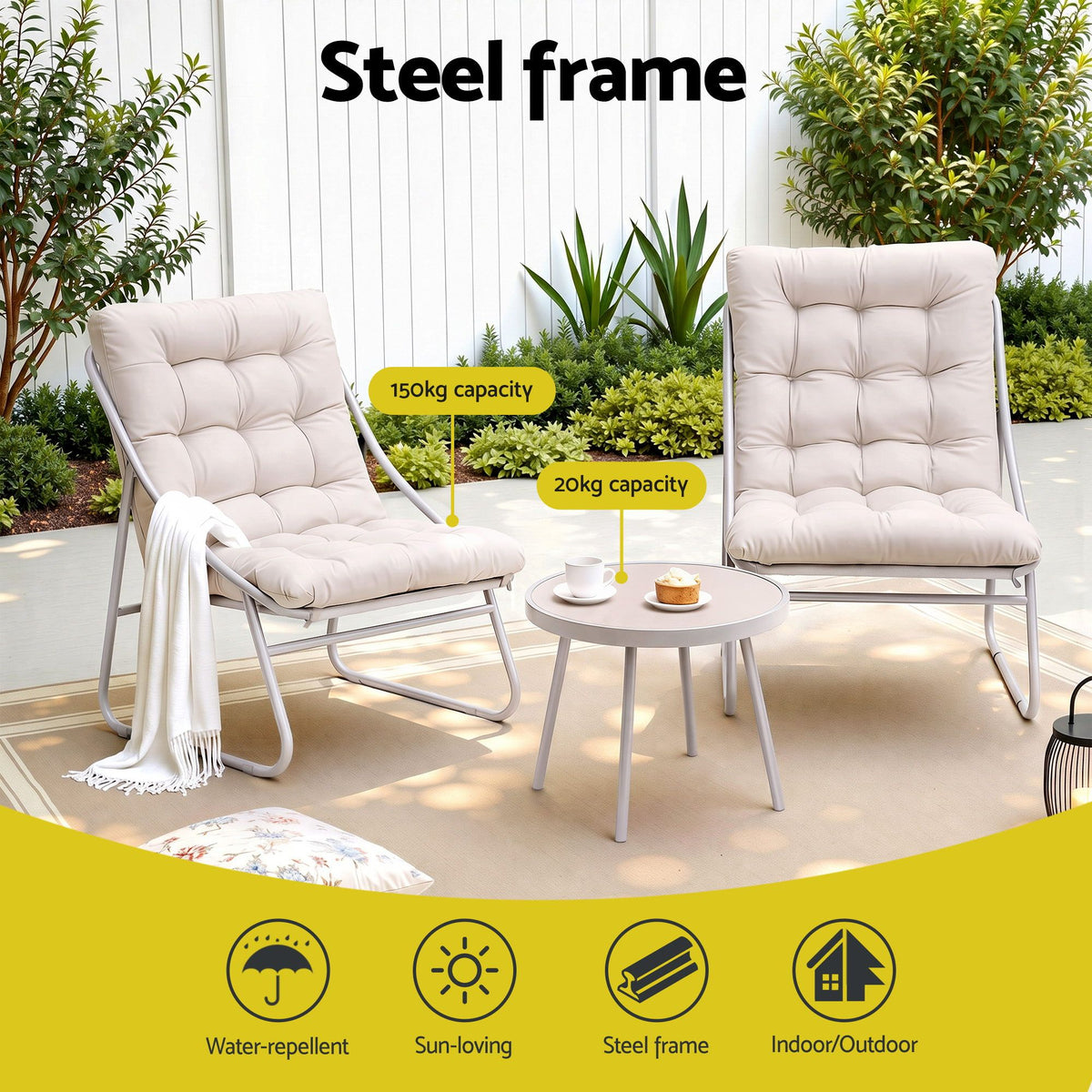 Gardeon 3PC Outdoor Bistro Set Patio Furniture Table & Steel Chair Dining Khaki