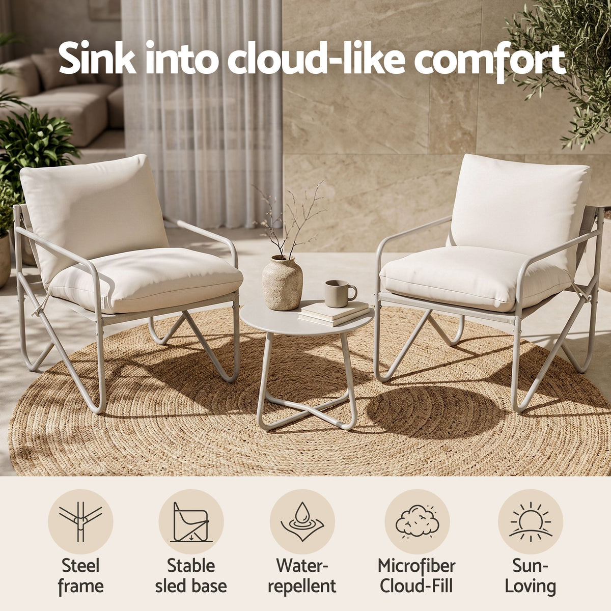 Gardeon 3 Piece Outdoor Bistro Set Patio Furniture Table and Chairs Khaki