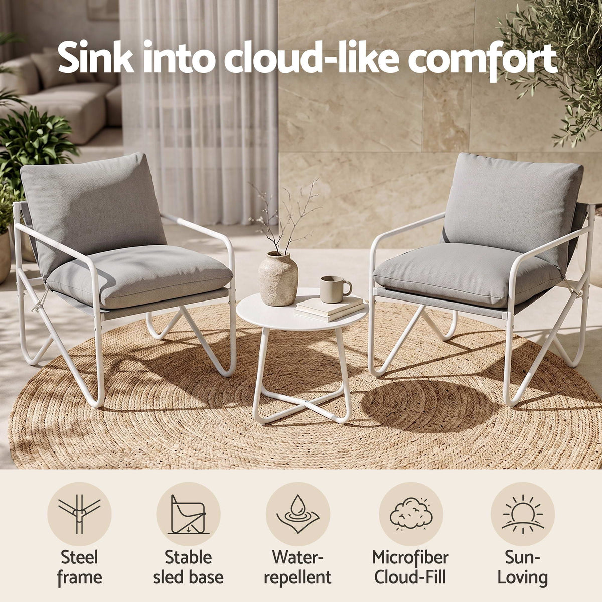 Gardeon Outdoor Bistro Set 3 Piece Patio Conversation Table and Chairs Grey