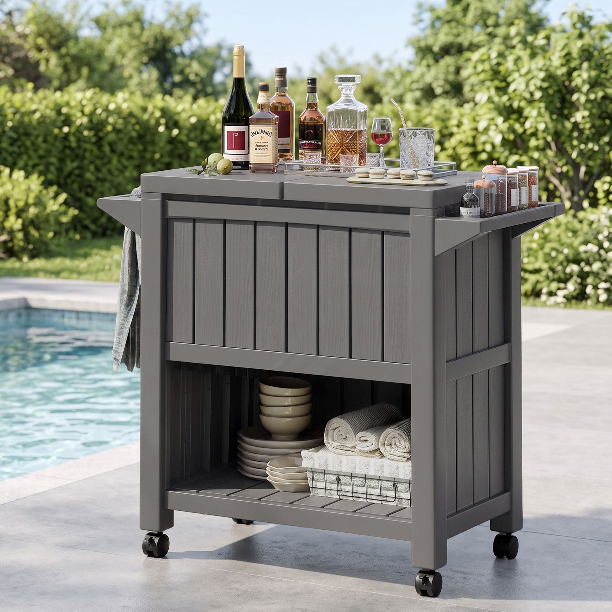 Gardeon Outdoor Storage Cabinet Box 80L Ice Bucket Cooler Rolling Kitchen Trolley Brown