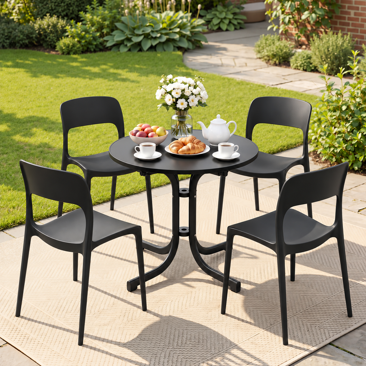 Gardeon 5PCS Outdoor Dining Set Table Chairs Foldable Stainless Steel Black