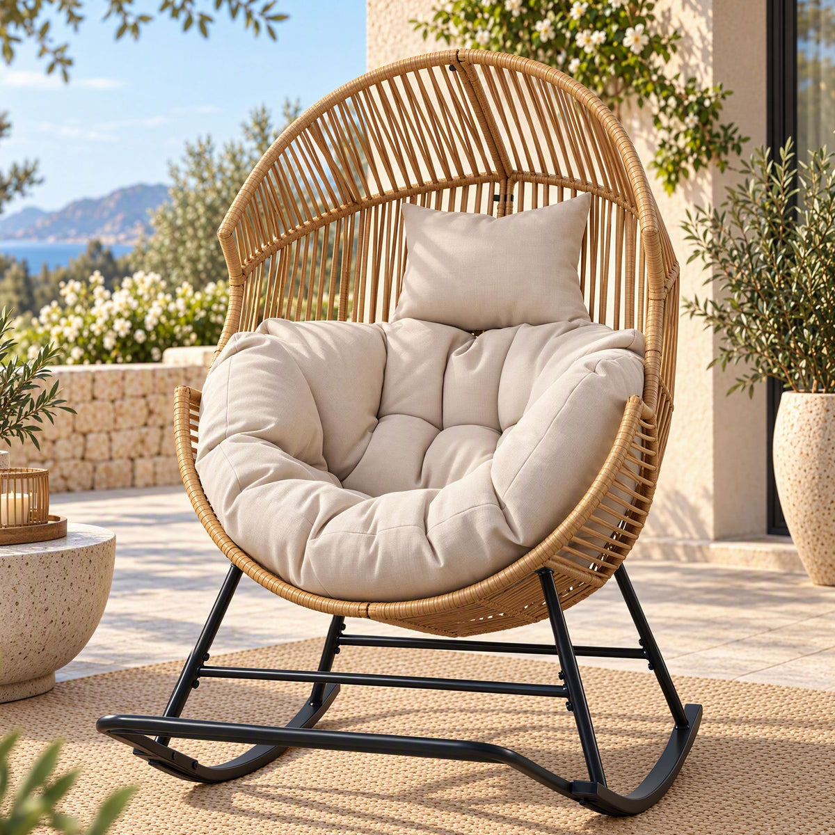 Gardeon Outdoor Egg Rocking Chair Rattan Lounger Thick Cushion Patio Natural