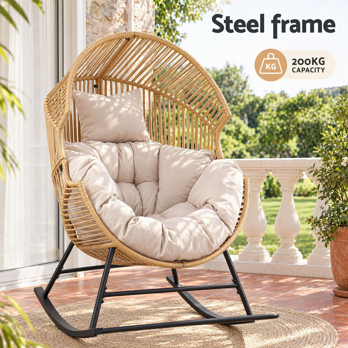 Gardeon Outdoor Egg Rocking Chair Rattan Lounger Thick Cushion Patio Natural