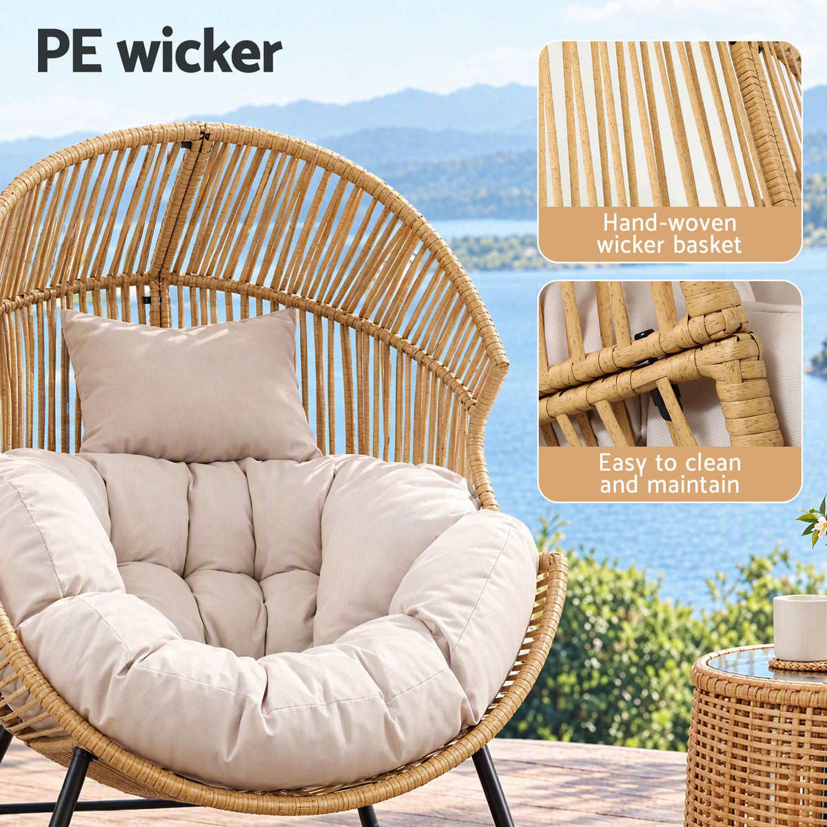 Gardeon Outdoor Egg Rocking Chair Rattan Lounger Thick Cushion Patio Natural