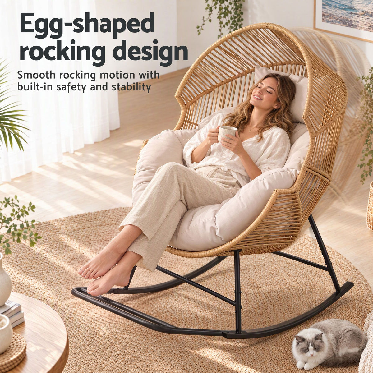 Gardeon Outdoor Egg Rocking Chair Rattan Lounger Thick Cushion Patio Natural