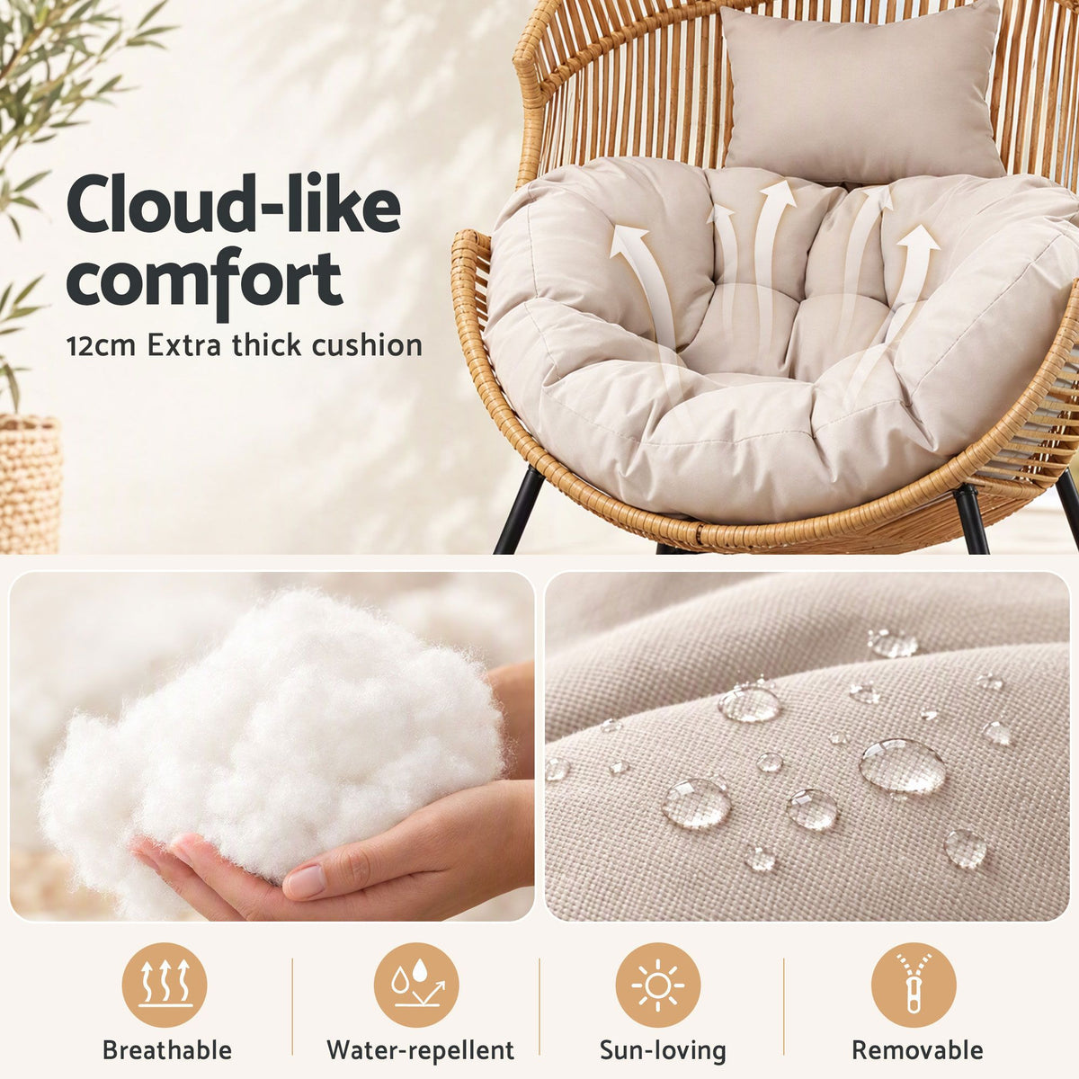 Gardeon Outdoor Egg Rocking Chair Rattan Lounger Thick Cushion Patio Natural