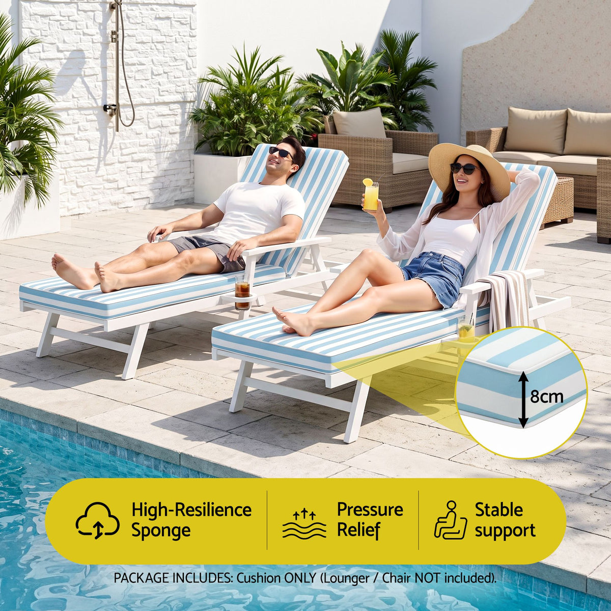 Gardeon Outdoor Chaise Lounge Cushion Chair Pad Sunbed Mattress Blue