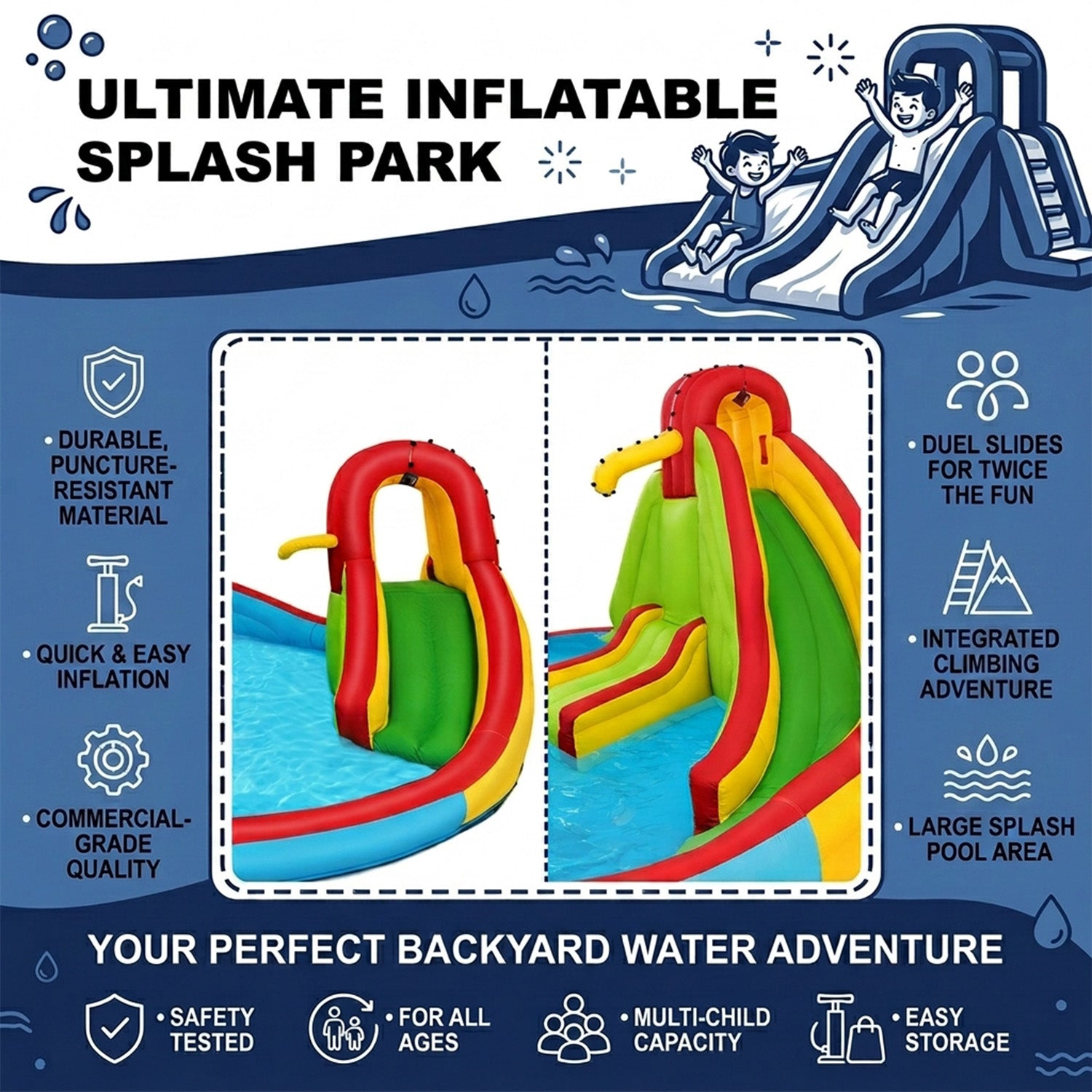 Inflatable Water Park Jumping Castle with 680W Electric Air Blower for Kids