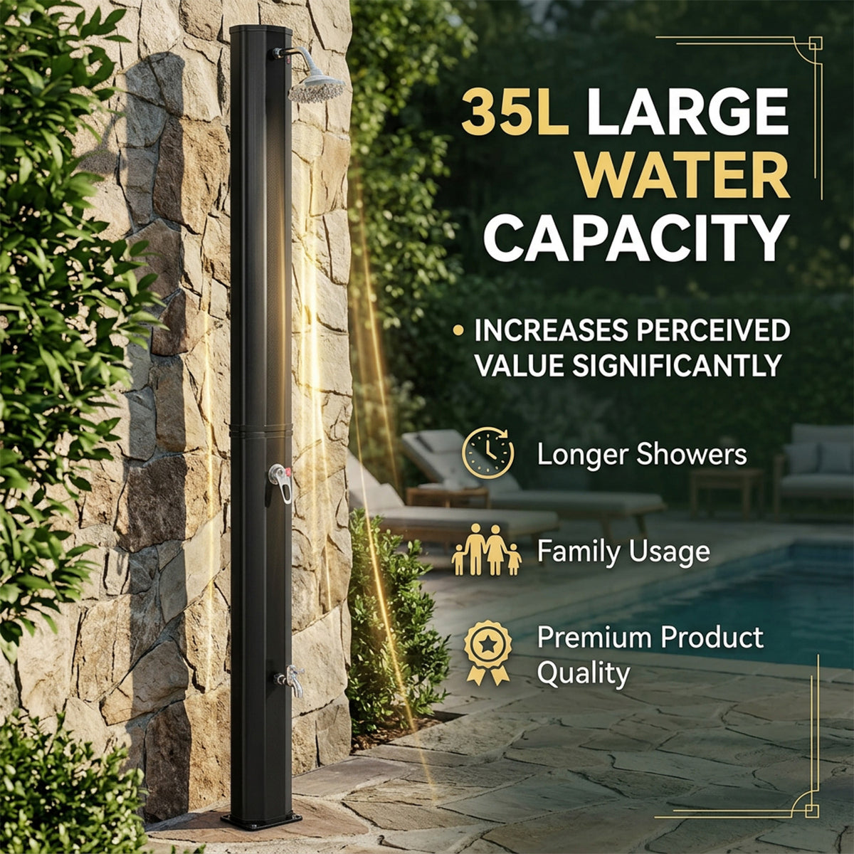 2.2M 35L Outdoor Solar Heated Shower with Free Rotating Shower Head Camping