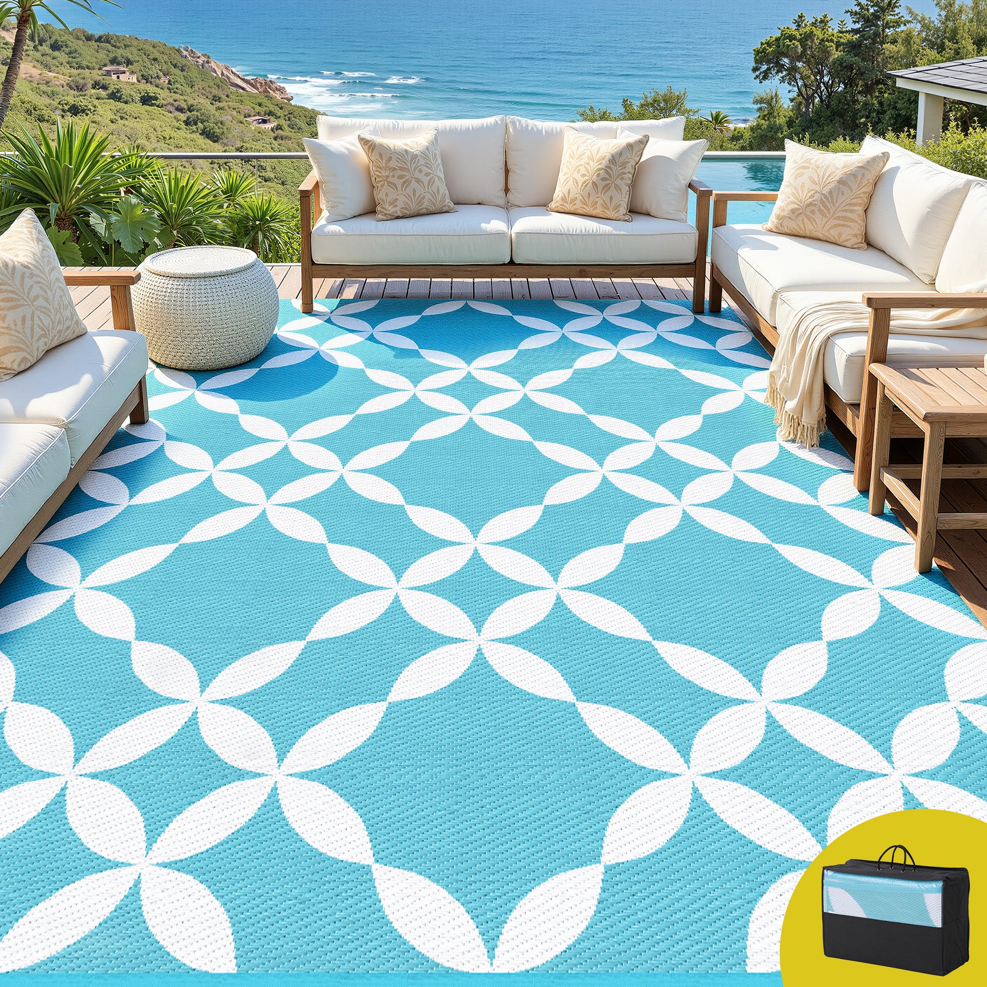 Gardeon Outdoor Rugs 274x366cm Large Carpet Reversible Mat PP Dual-Sided Patio Rug Light Blue