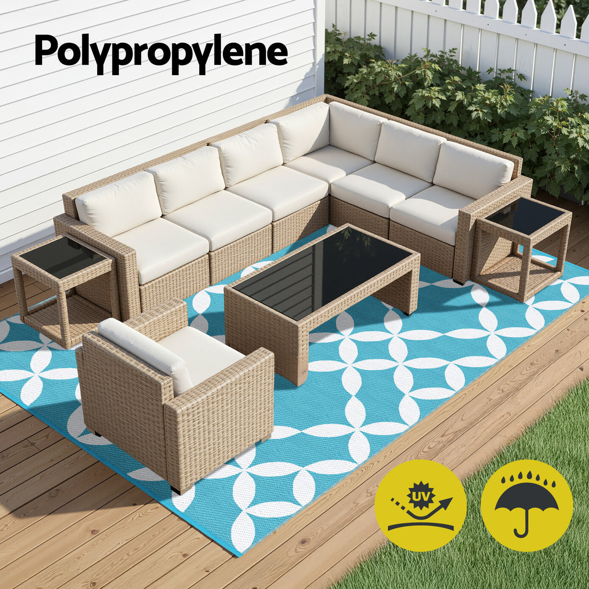 Gardeon Outdoor Rugs 274x366cm Large Carpet Reversible Mat PP Dual-Sided Patio Rug Light Blue
