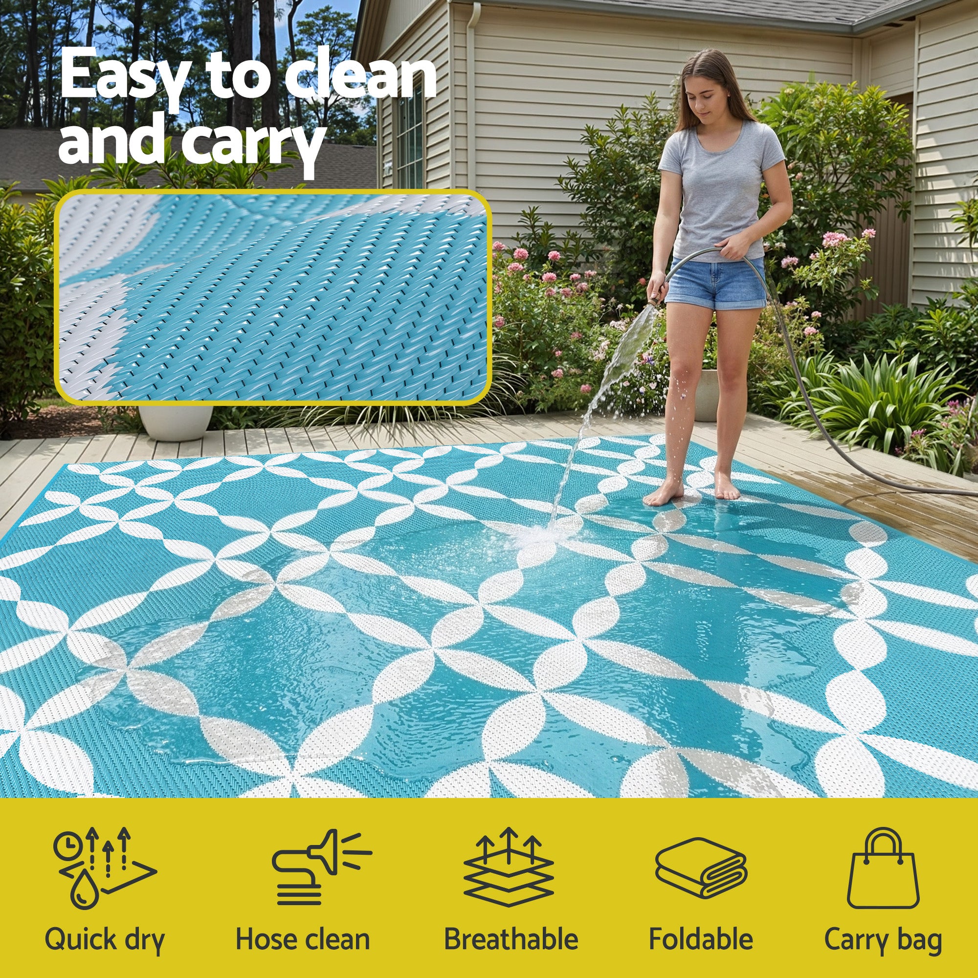 Gardeon Outdoor Rugs 274x366cm Large Carpet Reversible Mat PP Dual-Sided Patio Rug Light Blue