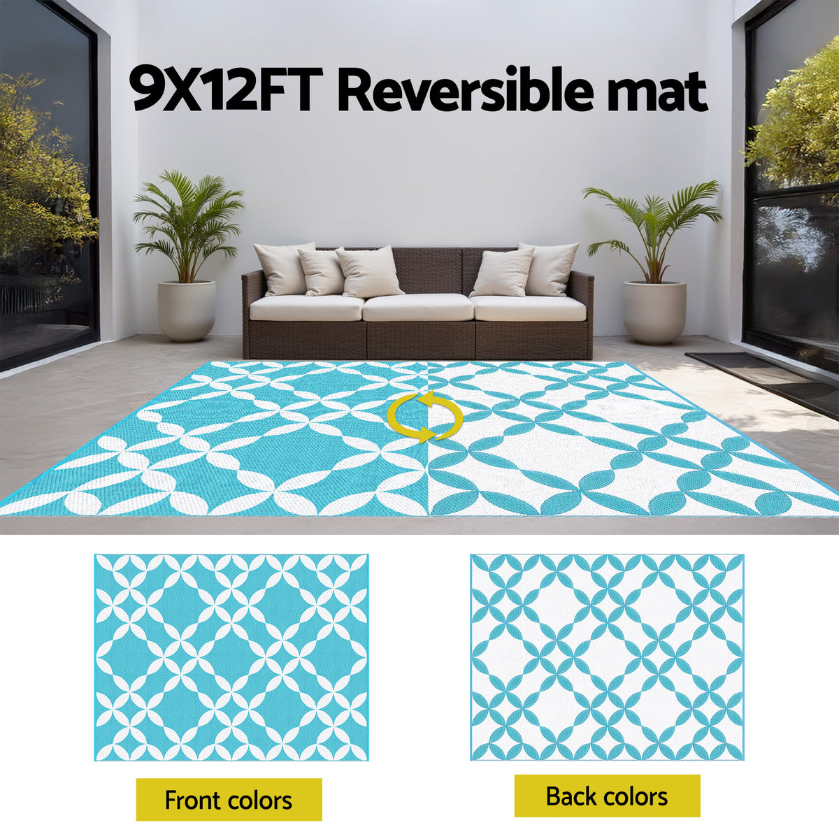 Gardeon Outdoor Rugs 274x366cm Large Carpet Reversible Mat PP Dual-Sided Patio Rug Light Blue