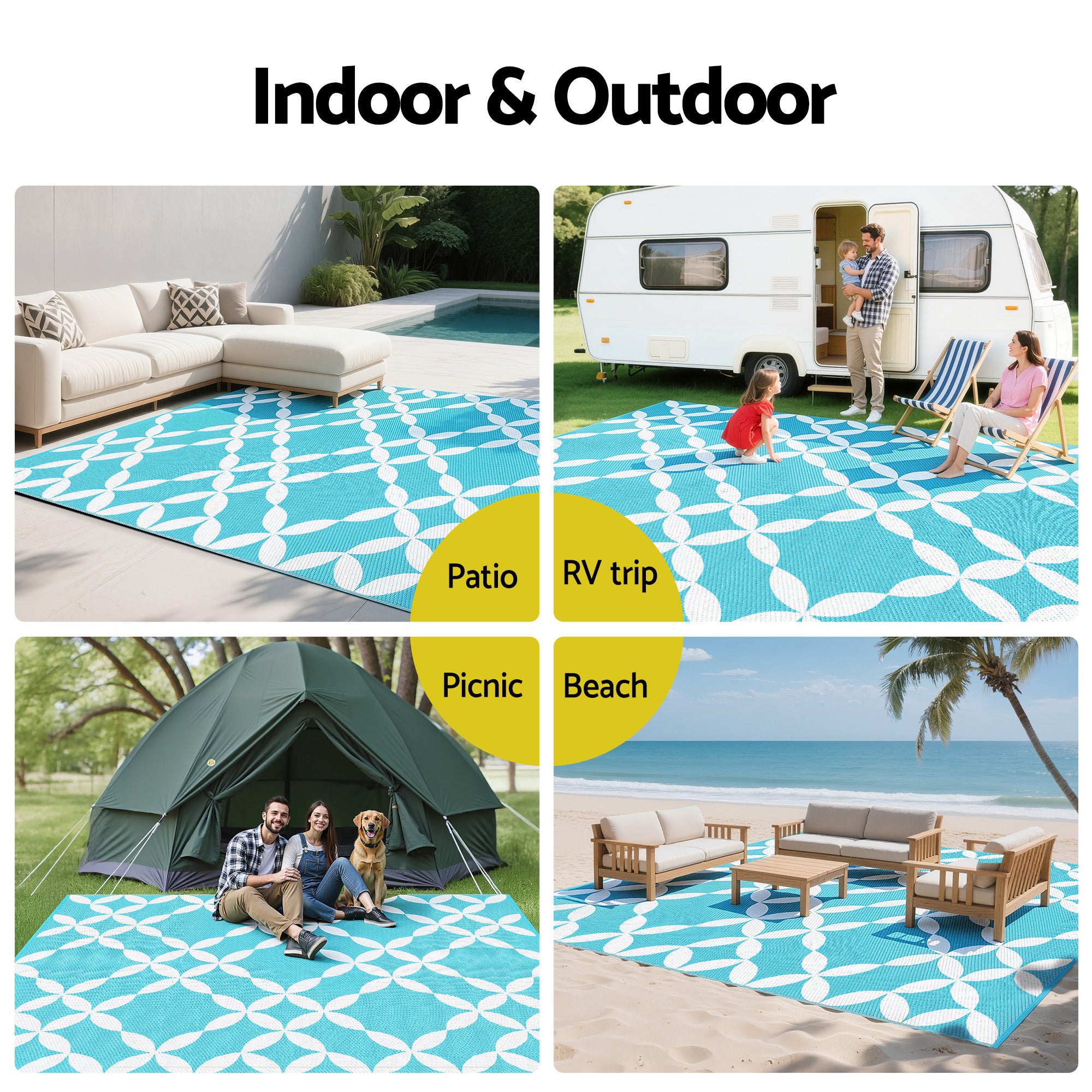 Gardeon Outdoor Rugs 274x366cm Large Carpet Reversible Mat PP Dual-Sided Patio Rug Light Blue