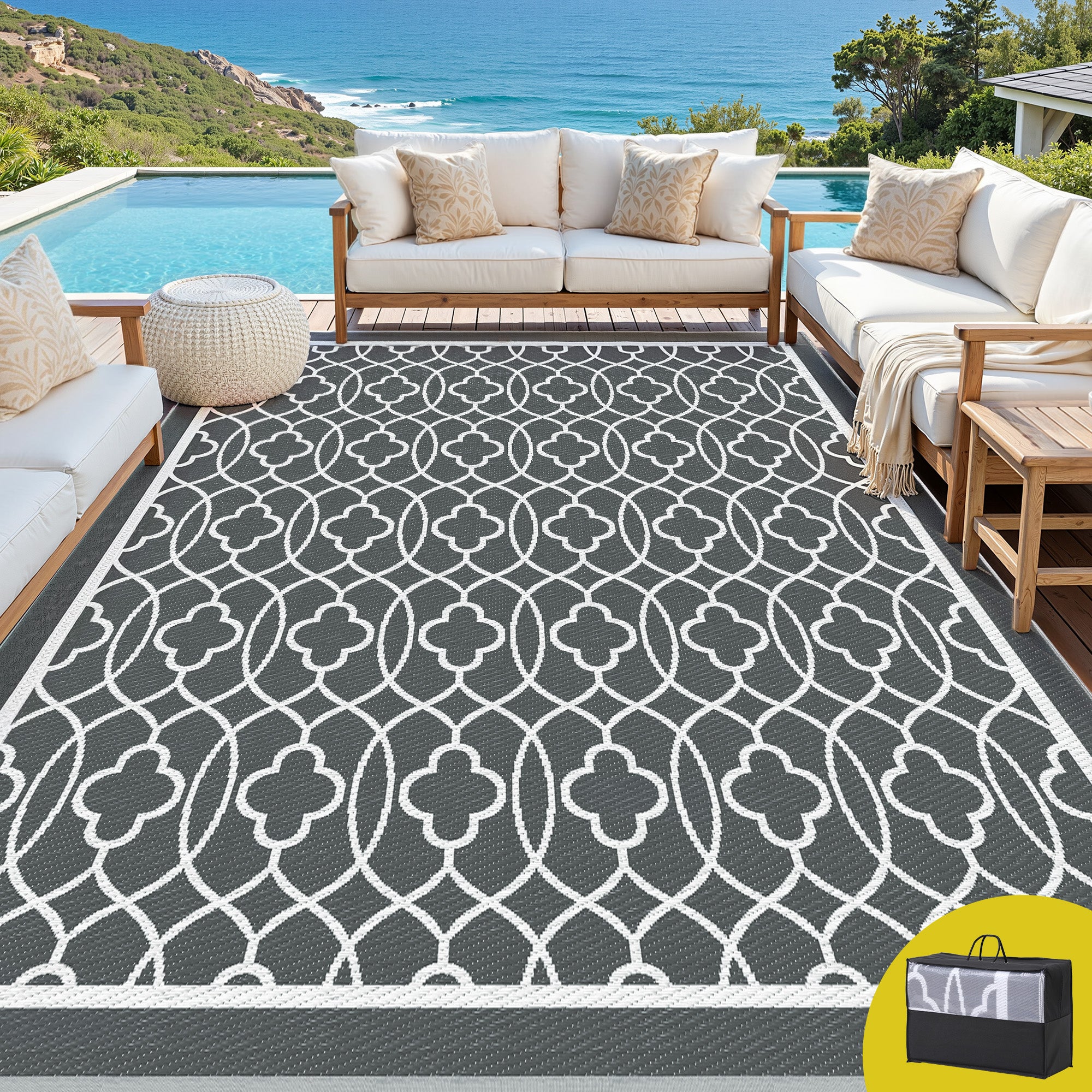 Gardeon Outdoor Rugs 274x366cm Large Carpet Reversible Mat PP Dual-Sided Patio Rug Grey
