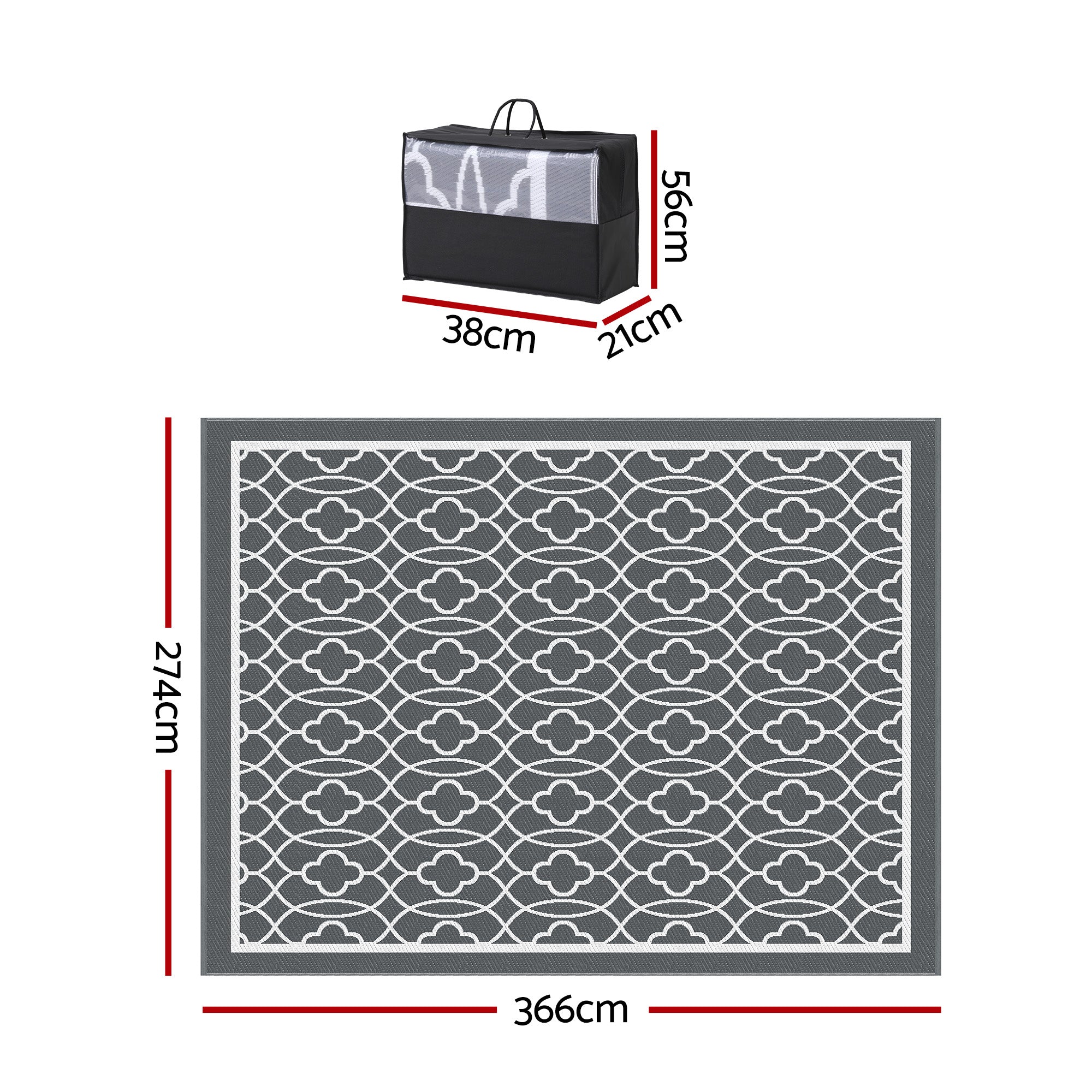 Gardeon Outdoor Rugs 274x366cm Large Carpet Reversible Mat PP Dual-Sided Patio Rug Grey