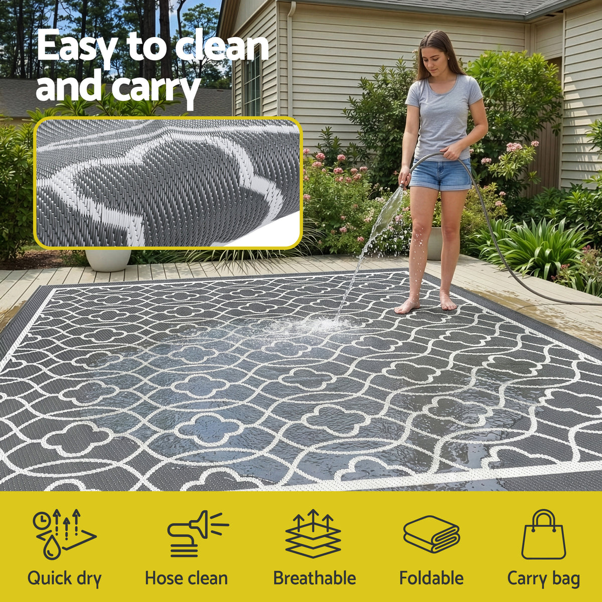 Gardeon Outdoor Rugs 274x366cm Large Carpet Reversible Mat PP Dual-Sided Patio Rug Grey